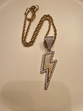 Gold Rope Chain Lightning Bolt Pendant Necklace with Crystals